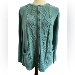 Vintage Jenny Teal Granny Core Button Pockets Beaded Knit Cardigan Size Medium